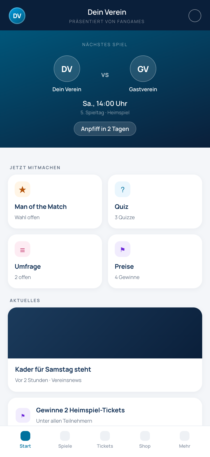 Dashboard der FanGames App