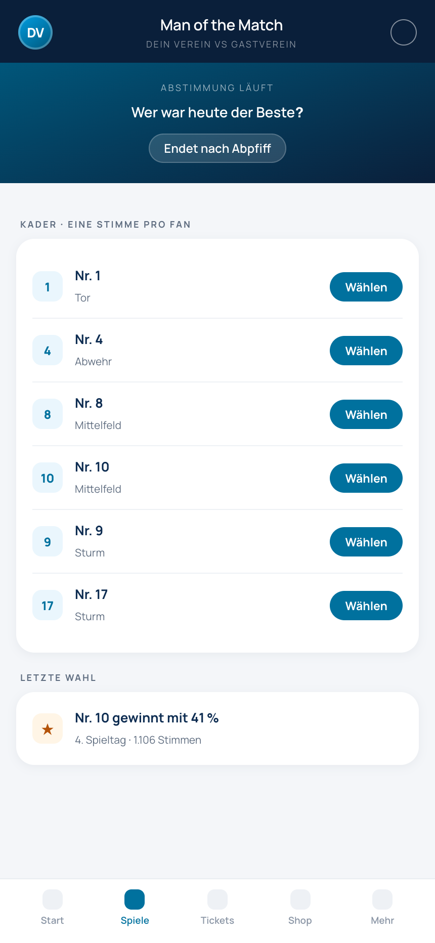 Man-of-the-Match-Wahl in der FanGames App