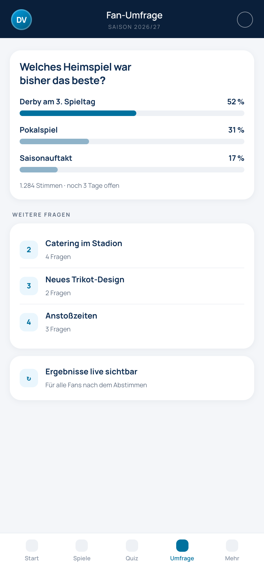 Umfrage-Ergebnisse in der FanGames App